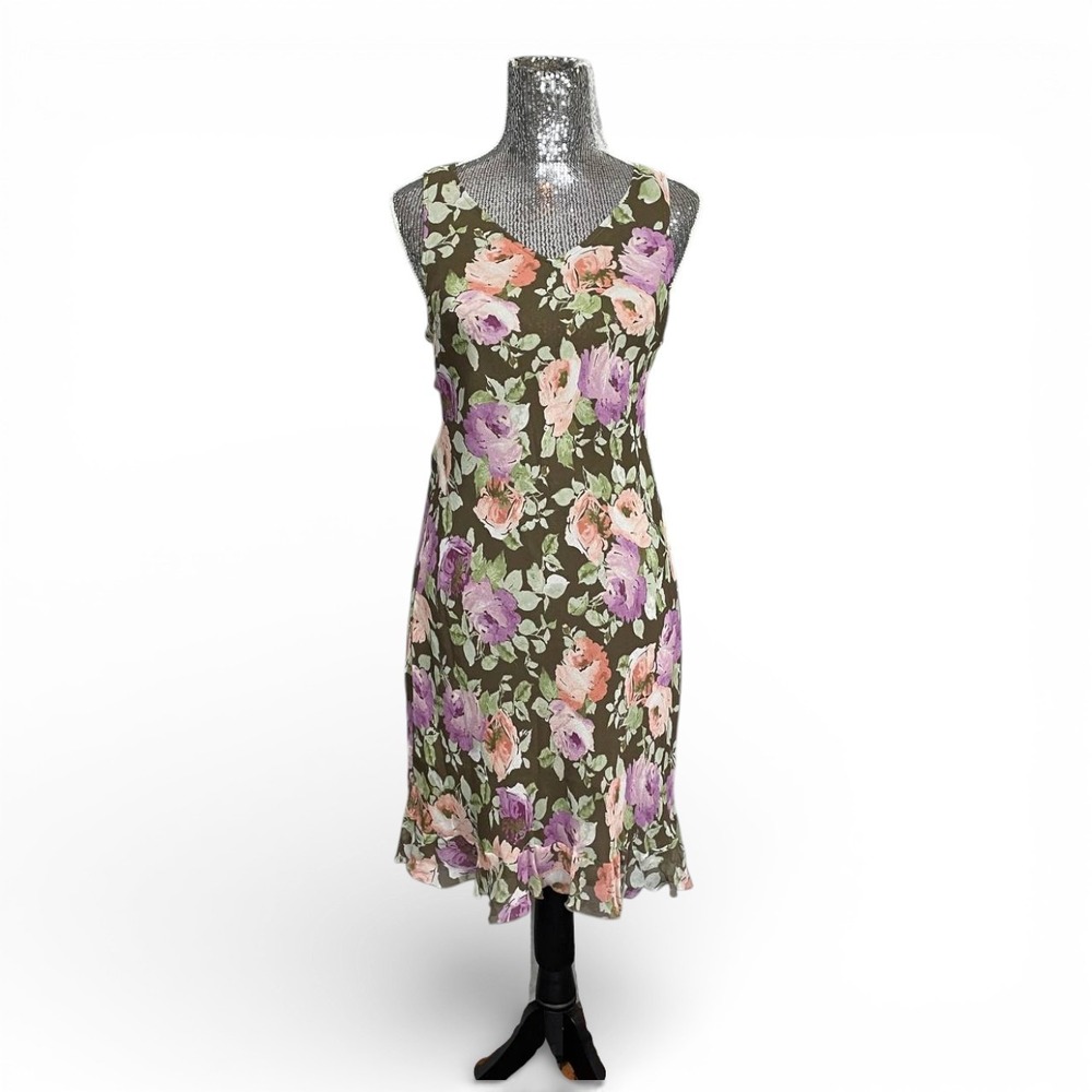 Y2K Silk Floral Ruffle Hem Slip Dress Forest Fairy Midi Small Cottagecore Party